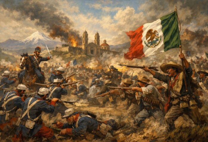 Paisaje mexicano con campos abiertos y montañas al fondo, símbolo de memoria histórica y soberanía nacional.