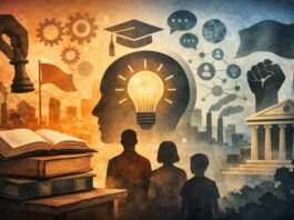 La educación nunca ha sido neutral: ideología, poder y la disputa por formar al sujeto Ilustración conceptual sobre educación y formación del pensamiento, con figuras humanas y elementos simbólicos que representan ideas, poder y sociedad.