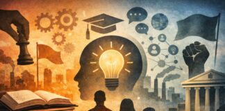 La educación nunca ha sido neutral: ideología, poder y la disputa por formar al sujeto Ilustración conceptual sobre educación y formación del pensamiento, con figuras humanas y elementos simbólicos que representan ideas, poder y sociedad.