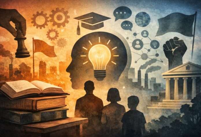 La educación no es neutral Ilustración conceptual sobre educación y formación del pensamiento, con figuras humanas y elementos simbólicos que representan ideas, poder y sociedad.