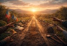 La izquierda, el pueblo y la historia que todavía se está escribiendo Camino inconcluso que se abre hacia un horizonte en construcción con símbolos de trabajo, libros y manos diversas.