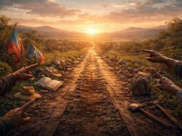 La izquierda, el pueblo y la historia que todavía se está escribiendo Camino inconcluso que se abre hacia un horizonte en construcción con símbolos de trabajo, libros y manos diversas.