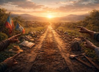 La izquierda, el pueblo y la historia que todavía se está escribiendo Camino inconcluso que se abre hacia un horizonte en construcción con símbolos de trabajo, libros y manos diversas.