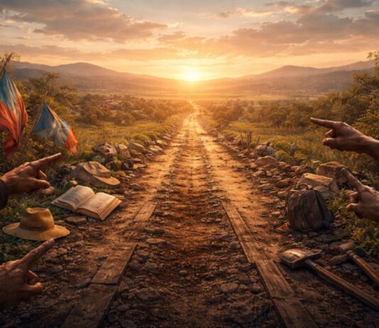 La izquierda, el pueblo y la historia que todavía se está escribiendo Camino inconcluso que se abre hacia un horizonte en construcción con símbolos de trabajo, libros y manos diversas.