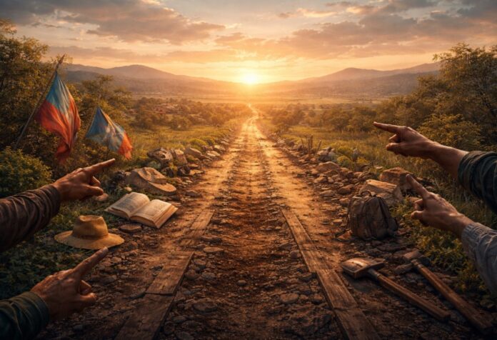 Camino inconcluso que se abre hacia un horizonte en construcción con símbolos de trabajo, libros y manos diversas.