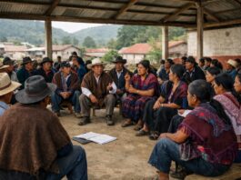 Sur-sureste de México: ¿persecución religiosa o choque de culturas? Personas indígenas, hombres y mujeres de distintas edades, sentadas en círculo bajo un techo comunitario, participando en una asamblea; algunos hablan mientras otros escuchan, con casas y montañas al fondo.
