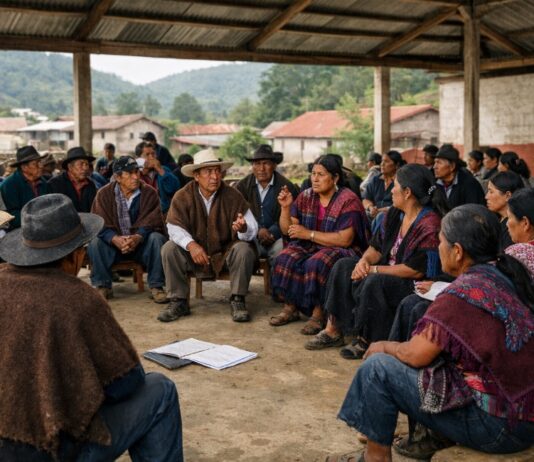 Sur-sureste de México: ¿persecución religiosa o choque de culturas? Personas indígenas, hombres y mujeres de distintas edades, sentadas en círculo bajo un techo comunitario, participando en una asamblea; algunos hablan mientras otros escuchan, con casas y montañas al fondo.