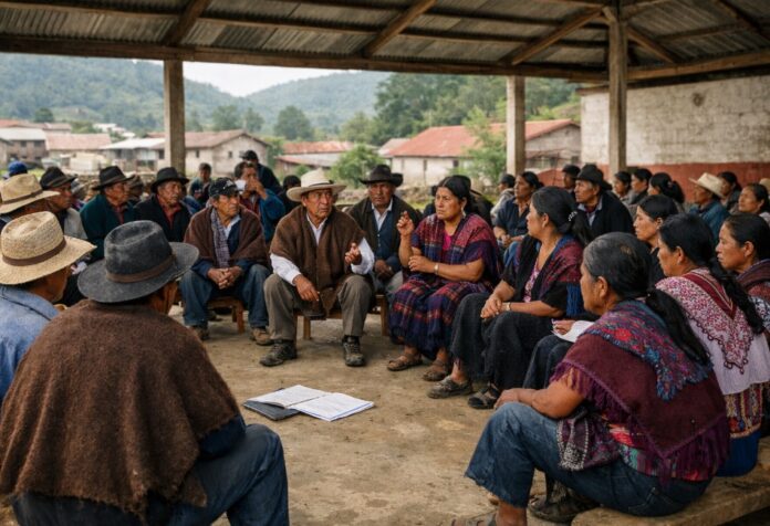 Personas indígenas, hombres y mujeres de distintas edades, sentadas en círculo bajo un techo comunitario, participando en una asamblea; algunos hablan mientras otros escuchan, con casas y montañas al fondo.