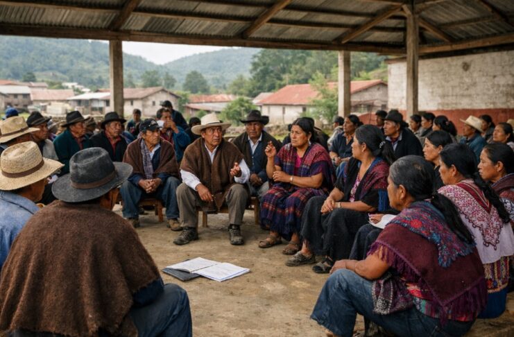 Sur-sureste de México: ¿persecución religiosa o choque de culturas? Personas indígenas, hombres y mujeres de distintas edades, sentadas en círculo bajo un techo comunitario, participando en una asamblea; algunos hablan mientras otros escuchan, con casas y montañas al fondo.