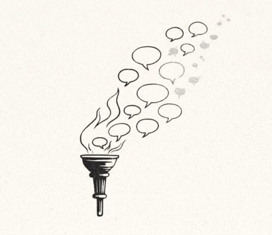 ¿El país de las libertades? La pregunta que Estados Unidos nos vuelve a plantear Ilustración minimalista en blanco y negro de una antorcha cuya llama se transforma en burbujas de diálogo que se dispersan y se desvanecen.