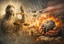 Democracia: la narrativa moral de las guerras modernas Ilustración conceptual que contrasta la figura clásica de la justicia con una escena de guerra, aviones militares y un planeta sostenido sobre barriles de petróleo y dinero.