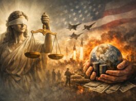 Democracia: la narrativa moral de las guerras modernas Ilustración conceptual que contrasta la figura clásica de la justicia con una escena de guerra, aviones militares y un planeta sostenido sobre barriles de petróleo y dinero.