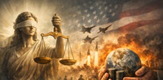 Democracia: la narrativa moral de las guerras modernas Ilustración conceptual que contrasta la figura clásica de la justicia con una escena de guerra, aviones militares y un planeta sostenido sobre barriles de petróleo y dinero.