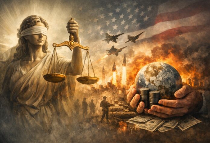 Ilustración conceptual que contrasta la figura clásica de la justicia con una escena de guerra, aviones militares y un planeta sostenido sobre barriles de petróleo y dinero.