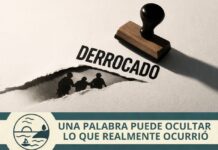 No hace falta mentir. Basta una palabra para desvirtuar la realidad Sello con la palabra “DERROCADO” sobre una superficie clara, mientras un papel rasgado deja ver siluetas de personas siendo detenidas debajo.