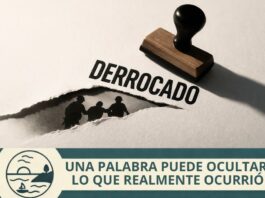 No hace falta mentir. Basta una palabra para desvirtuar la realidad Sello con la palabra “DERROCADO” sobre una superficie clara, mientras un papel rasgado deja ver siluetas de personas siendo detenidas debajo.
