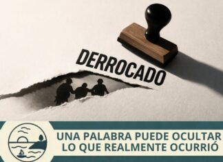 No hace falta mentir. Basta una palabra para desvirtuar la realidad Sello con la palabra “DERROCADO” sobre una superficie clara, mientras un papel rasgado deja ver siluetas de personas siendo detenidas debajo.