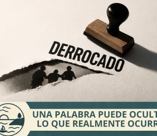 No hace falta mentir. Basta una palabra para desvirtuar la realidad Sello con la palabra “DERROCADO” sobre una superficie clara, mientras un papel rasgado deja ver siluetas de personas siendo detenidas debajo.