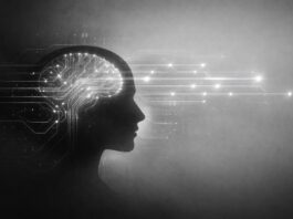 La tecnología ha dejado de acelerar el pensamiento y ha comenzado a dirigirlo Ilustración en blanco y negro de la silueta de una cabeza humana cuyo cerebro aparece como una red de circuitos digitales que se proyecta hacia el exterior, acompañada por un cintillo con la frase: “La tecnología ya no solo acelera el pensamiento: comienza a sugerir su dirección”.