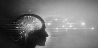 La tecnología ha dejado de acelerar el pensamiento y ha comenzado a dirigirlo Ilustración en blanco y negro de la silueta de una cabeza humana cuyo cerebro aparece como una red de circuitos digitales que se proyecta hacia el exterior, acompañada por un cintillo con la frase: “La tecnología ya no solo acelera el pensamiento: comienza a sugerir su dirección”.