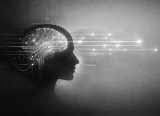 La tecnología ha dejado de acelerar el pensamiento y ha comenzado a dirigirlo Ilustración en blanco y negro de la silueta de una cabeza humana cuyo cerebro aparece como una red de circuitos digitales que se proyecta hacia el exterior, acompañada por un cintillo con la frase: “La tecnología ya no solo acelera el pensamiento: comienza a sugerir su dirección”.