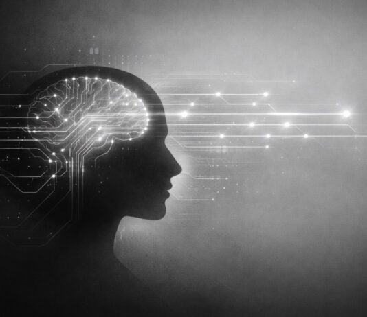 La tecnología ha dejado de acelerar el pensamiento y ha comenzado a dirigirlo Ilustración en blanco y negro de la silueta de una cabeza humana cuyo cerebro aparece como una red de circuitos digitales que se proyecta hacia el exterior, acompañada por un cintillo con la frase: “La tecnología ya no solo acelera el pensamiento: comienza a sugerir su dirección”.