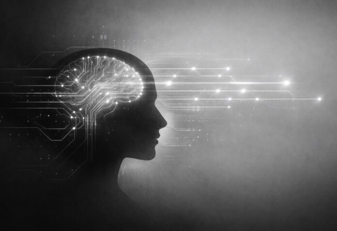 Ilustración en blanco y negro de la silueta de una cabeza humana cuyo cerebro aparece como una red de circuitos digitales que se proyecta hacia el exterior, acompañada por un cintillo con la frase: “La tecnología ya no solo acelera el pensamiento: comienza a sugerir su dirección”.
