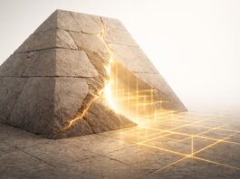 No hay conquista que civilice: la barbarie no se justifica Estructura de piedra tipo pirámide fracturada, con una grieta luminosa de la que emerge una geometría dorada sobre un fondo claro y minimalista.