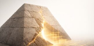 No hay conquista que civilice: la barbarie no se justifica Estructura de piedra tipo pirámide fracturada, con una grieta luminosa de la que emerge una geometría dorada sobre un fondo claro y minimalista.
