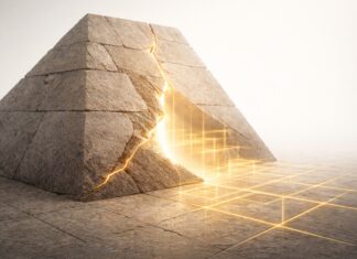 No hay conquista que civilice: la barbarie no se justifica Estructura de piedra tipo pirámide fracturada, con una grieta luminosa de la que emerge una geometría dorada sobre un fondo claro y minimalista.