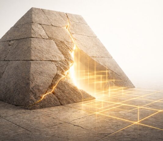 No hay conquista que civilice: la barbarie no se justifica Estructura de piedra tipo pirámide fracturada, con una grieta luminosa de la que emerge una geometría dorada sobre un fondo claro y minimalista.