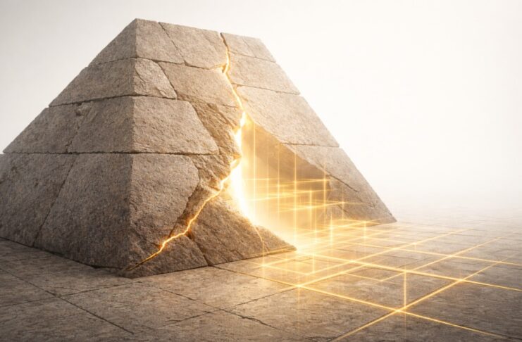 No hay conquista que civilice: la barbarie no se justifica Estructura de piedra tipo pirámide fracturada, con una grieta luminosa de la que emerge una geometría dorada sobre un fondo claro y minimalista.