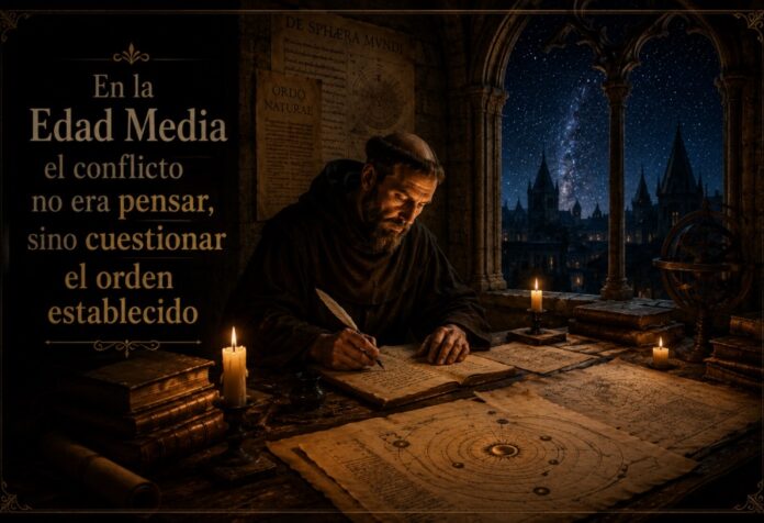 Un estudioso medieval trabaja entre manuscritos y mapas astronómicos mientras una nueva comprensión del universo comienza a emerger silenciosamente entre el orden intelectual de su tiempo.
