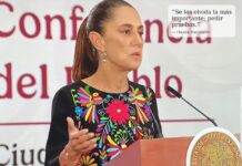 La cuarta opción: la verdad Claudia Sheinbaum habla en una conferencia desde el atril presidencial con el escudo nacional de México visible al frente. Viste un atuendo negro con bordados florales multicolores y hace un gesto con la mano mientras aparece sobre la imagen la frase: “Se les olvida la más importante: pedir pruebas”.