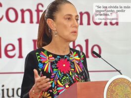 La cuarta opción: la verdad Claudia Sheinbaum habla en una conferencia desde el atril presidencial con el escudo nacional de México visible al frente. Viste un atuendo negro con bordados florales multicolores y hace un gesto con la mano mientras aparece sobre la imagen la frase: “Se les olvida la más importante: pedir pruebas”.