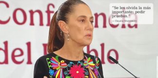 La cuarta opción: la verdad Claudia Sheinbaum habla en una conferencia desde el atril presidencial con el escudo nacional de México visible al frente. Viste un atuendo negro con bordados florales multicolores y hace un gesto con la mano mientras aparece sobre la imagen la frase: “Se les olvida la más importante: pedir pruebas”.