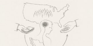 El mercado de las drogas no desaparecería eliminando el narcotráfico en México Dibujo minimalista a lápiz que representa a México y Estados Unidos conectados por flechas circulares entre dinero, consumo y producción clandestina, simbolizando la relación entre demanda de drogas, mercado ilegal y crisis del fentanilo.