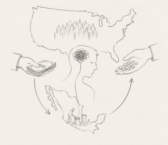 El mercado de las drogas no desaparecería eliminando el narcotráfico en México Dibujo minimalista a lápiz que representa a México y Estados Unidos conectados por flechas circulares entre dinero, consumo y producción clandestina, simbolizando la relación entre demanda de drogas, mercado ilegal y crisis del fentanilo.