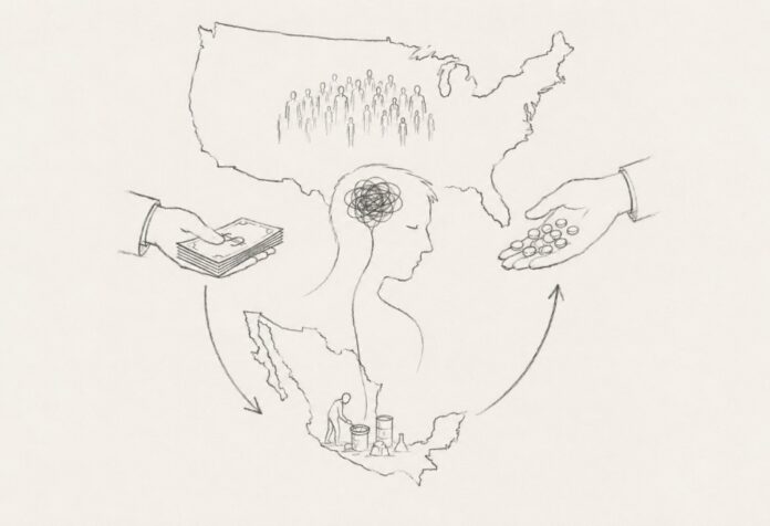 Dibujo minimalista a lápiz que representa a México y Estados Unidos conectados por flechas circulares entre dinero, consumo y producción clandestina, simbolizando la relación entre demanda de drogas, mercado ilegal y crisis del fentanilo.