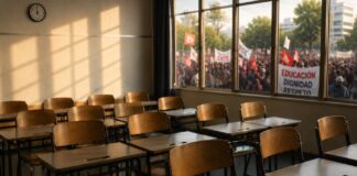 La CNTE y los límites de una movilización Salón de clases vacío iluminado por la luz de la tarde, mientras al fondo, detrás de las ventanas, se observa una movilización social desenfocada. La imagen simboliza la tensión entre el derecho a la protesta y el impacto de los conflictos laborales en la educación de los estudiantes.