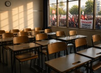La CNTE y los límites de una movilización Salón de clases vacío iluminado por la luz de la tarde, mientras al fondo, detrás de las ventanas, se observa una movilización social desenfocada. La imagen simboliza la tensión entre el derecho a la protesta y el impacto de los conflictos laborales en la educación de los estudiantes.