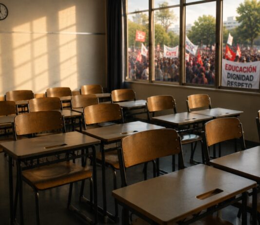 La CNTE y los límites de una movilización Salón de clases vacío iluminado por la luz de la tarde, mientras al fondo, detrás de las ventanas, se observa una movilización social desenfocada. La imagen simboliza la tensión entre el derecho a la protesta y el impacto de los conflictos laborales en la educación de los estudiantes.