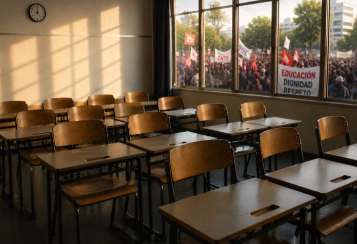 CNTE Salón de clases vacío iluminado por la luz de la tarde, mientras al fondo, detrás de las ventanas, se observa una movilización social desenfocada. La imagen simboliza la tensión entre el derecho a la protesta y el impacto de los conflictos laborales en la educación de los estudiantes.