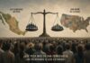 México y Estados Unidos: dos formas de entender el voto Ilustración conceptual de una multitud observando una balanza. En un lado aparecen ciudadanos y el mapa de México; en el otro, instituciones y el mapa de Estados Unidos dividido en estados. La imagen representa el debate entre la representación de las personas y la representación de los estados en una democracia.