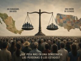 México y Estados Unidos: dos formas de entender el voto Ilustración conceptual de una multitud observando una balanza. En un lado aparecen ciudadanos y el mapa de México; en el otro, instituciones y el mapa de Estados Unidos dividido en estados. La imagen representa el debate entre la representación de las personas y la representación de los estados en una democracia.