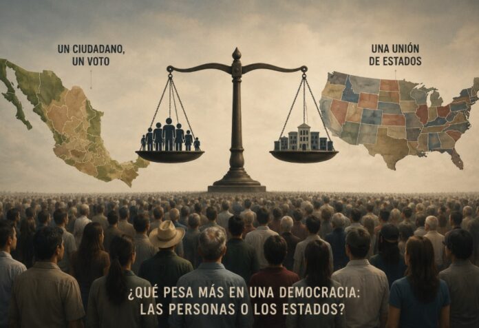 Ilustración conceptual de una multitud observando una balanza. En un lado aparecen ciudadanos y el mapa de México; en el otro, instituciones y el mapa de Estados Unidos dividido en estados. La imagen representa el debate entre la representación de las personas y la representación de los estados en una democracia.