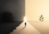 ¿Puede una sociedad convivir con el crimen organizado? Ilustración minimalista y simbólica dividida entre una zona oscura y caótica y otra luminosa y tranquila. Una persona camina hacia una puerta iluminada, mientras a un lado aparece una planta que representa crecimiento y esperanza.