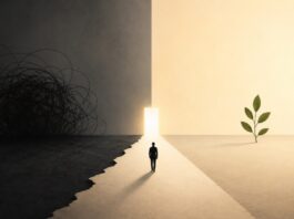 ¿Puede una sociedad convivir con el crimen organizado? Ilustración minimalista y simbólica dividida entre una zona oscura y caótica y otra luminosa y tranquila. Una persona camina hacia una puerta iluminada, mientras a un lado aparece una planta que representa crecimiento y esperanza.