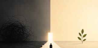 ¿Puede una sociedad convivir con el crimen organizado? Ilustración minimalista y simbólica dividida entre una zona oscura y caótica y otra luminosa y tranquila. Una persona camina hacia una puerta iluminada, mientras a un lado aparece una planta que representa crecimiento y esperanza.