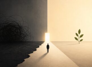 ¿Puede una sociedad convivir con el crimen organizado? Ilustración minimalista y simbólica dividida entre una zona oscura y caótica y otra luminosa y tranquila. Una persona camina hacia una puerta iluminada, mientras a un lado aparece una planta que representa crecimiento y esperanza.